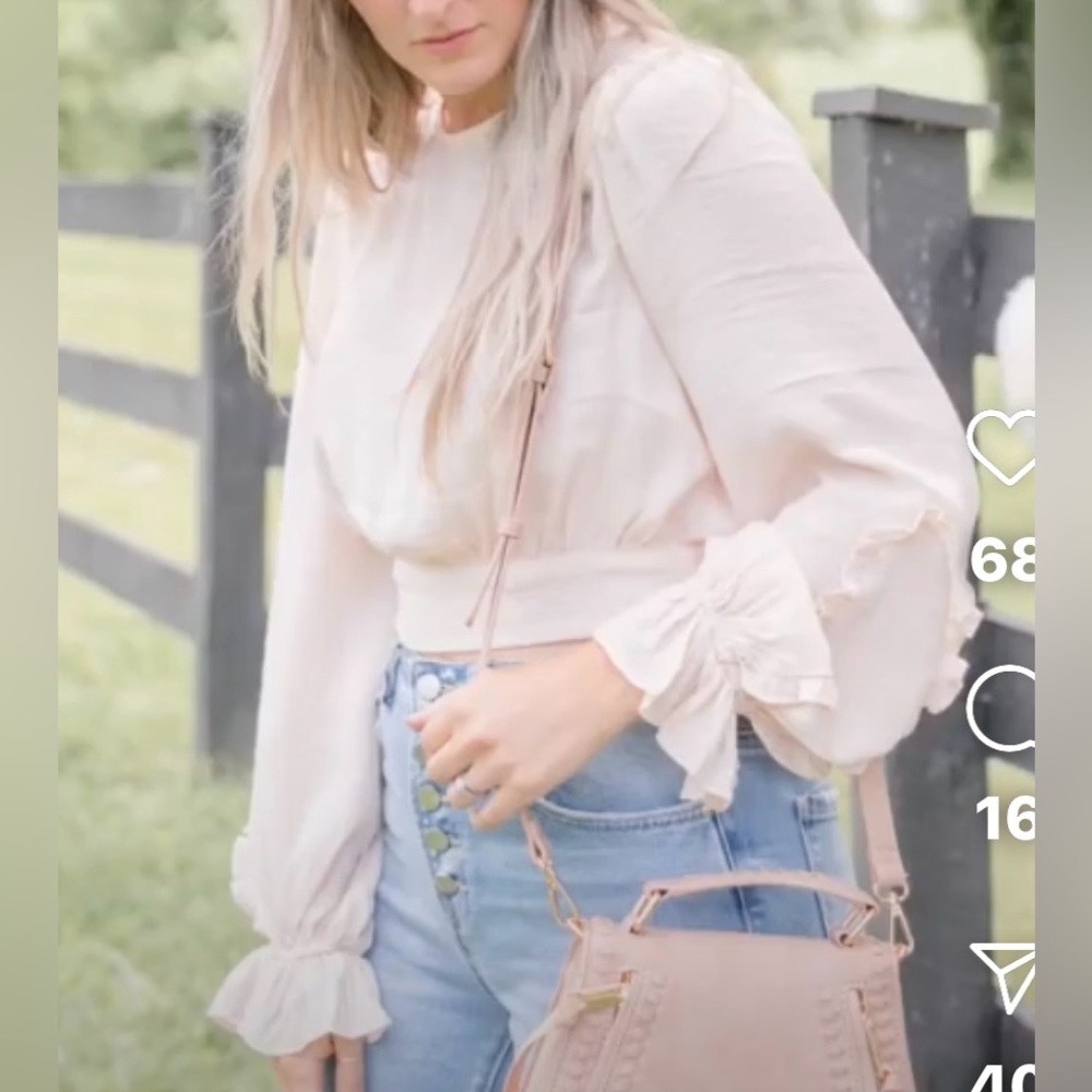 Peach Love Boutique Long Ruffled Sleeve Blush Sexy Bow Back Cropped Blouse M